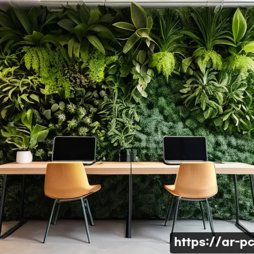 코워킹 스페이스 내 친환경 설계 원칙 - **Prompt:** "An inviting and serene modern co-working space, designed as a green oasis within an urb...