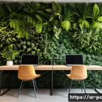 Home 22 코워킹 스페이스 내 친환경 설계 원칙 - **Prompt:** "An inviting and serene modern co-working space, designed as a green oasis within an urb...