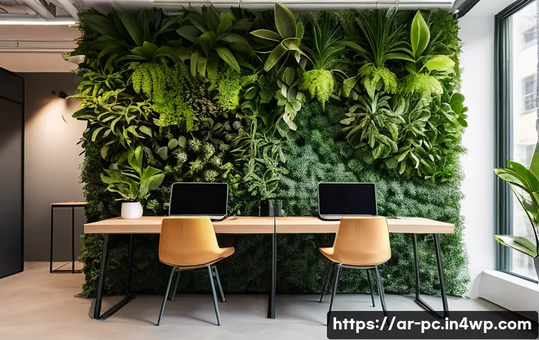 코워킹 스페이스 내 친환경 설계 원칙 - **Prompt:** "An inviting and serene modern co-working space, designed as a green oasis within an urb...