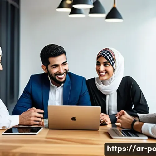 Home 32 코워킹 스페이스 내 개인 브랜드 구축 방법 - A diverse group of Arab professionals in a modern co-working space, engaging in lively conversation ...