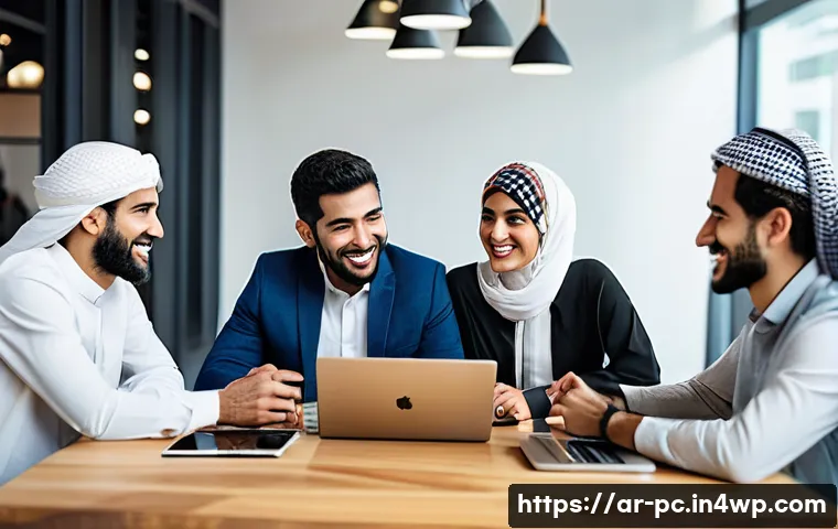 코워킹 스페이스 내 개인 브랜드 구축 방법 - A diverse group of Arab professionals in a modern co-working space, engaging in lively conversation ...