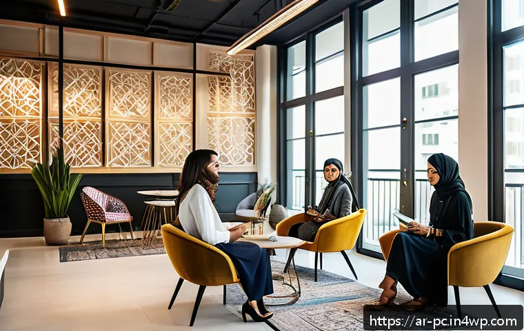 코워킹 스페이스에서의 네트워킹 기회 - A vibrant coworking space in a modern Middle Eastern city, showing diverse professionals engaged in ...