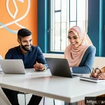 Home 18 코워킹 스페이스의 네트워크 효과 활용법 - A modern co-working space filled with diverse Arab professionals engaging in collaborative work; men...