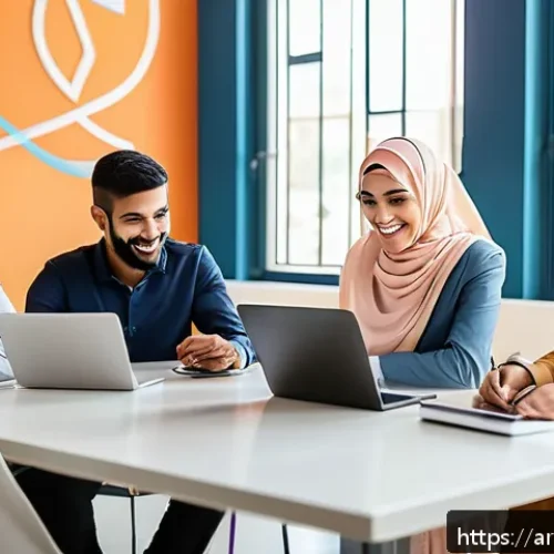 Home 30 코워킹 스페이스의 네트워크 효과 활용법 - A modern co-working space filled with diverse Arab professionals engaging in collaborative work; men...