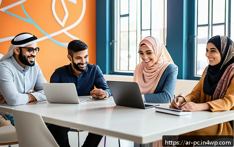 코워킹 스페이스의 네트워크 효과 활용법 - A modern co-working space filled with diverse Arab professionals engaging in collaborative work; men...