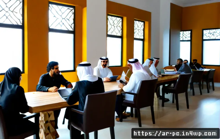 코워킹 스페이스 커뮤니티의 역할 - Photorealistic modern coworking space in an Arab city, diverse Arab professionals of different ages ...
