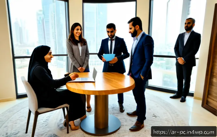 비즈니스 네트워킹을 위한 코워킹 스페이스 활용 - Photorealistic modern coworking lounge in a Gulf Arab city, diverse Arab professionals in smart busi...